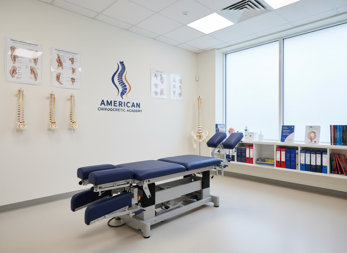 A modern chiropractic treatment table with articulated headrest and segmented, cushioned sections in navy blue vinyl, positioned centrally in a spotless teaching clinic. Around it, wall-mounted spine models, laminated vertebrae diagrams, and neatly stacked course manuals emphasize American chiropractic education. Soft, even overhead clinical lighting combines with indirect daylight from a frosted window, creating a bright yet calm environment with minimal shadows. Photographic realism at eye level, with a slightly wide-angle lens showing the full room in sharp focus. The composition follows a clean, professional aesthetic, conveying precision, safety, and structured learning in manual spinal therapy, suitable as a universal hero image for a chiropractic course site.