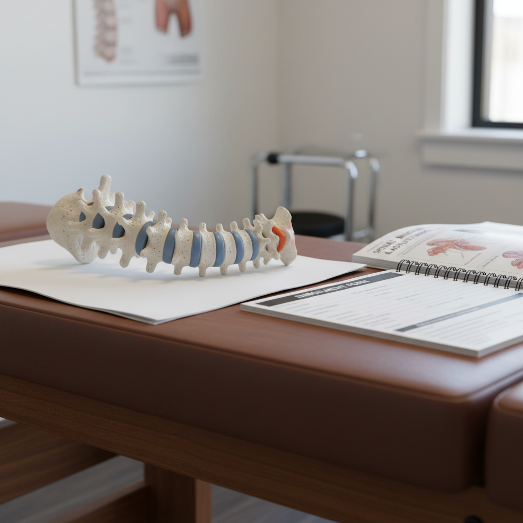 A detailed close-up of a realistic plastic spine model laid out on a crisp white examination sheet atop a sturdy wooden chiropractic bench. Each vertebra is clearly defined, with subtle off-white bone texture and soft rubber intervertebral discs, accompanied by a flexible pelvis attachment. Beside it lies an open course manual and a flat, neatly arranged enrollment form, hinting at professional training. Soft, diffused overhead lighting and reflected daylight from a nearby unseen window create gentle highlights along the vertebral ridges. Captured from a slightly elevated angle with shallow depth of field, the spine is in sharp focus while the background blurs into a clean, professional clinic setting, emphasizing educational spinal analysis and manual manipulation principles in photographic realism.