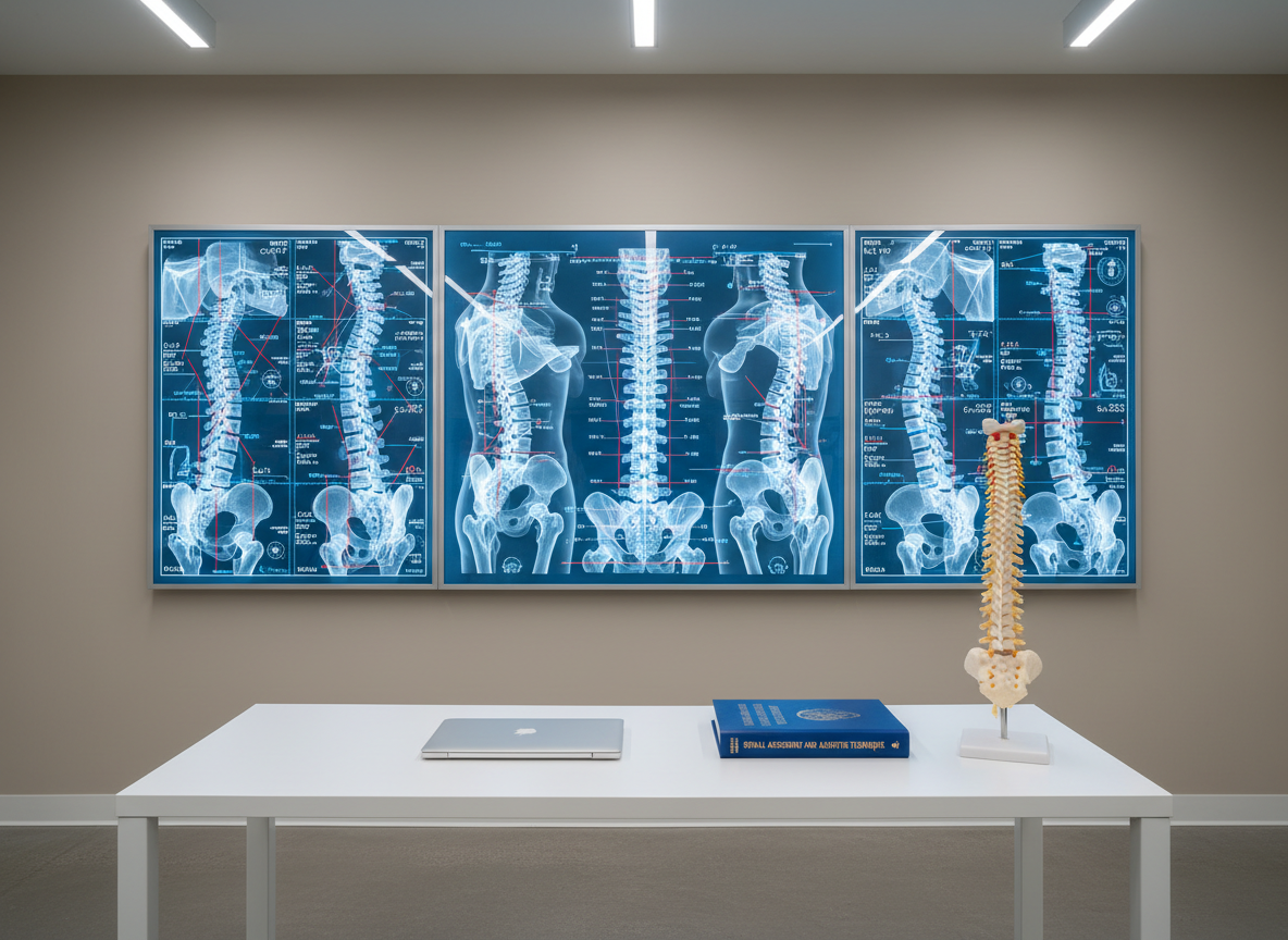 A photographic realism scene of a large wall-mounted radiographic-style spinal analysis panel, filled with high-resolution, anonymous spinal imagery and alignment grids, above a minimalist workstation. Below the panel sits a smooth white counter holding a closed laptop, a thick chiropractic technique textbook, and a rigid foam spine model for manual therapy practice. Neutral-toned clinic walls and a subtle gray floor keep attention on the analysis display. Cool, diffused overhead lighting enhances the clarity of the imagery while casting soft, professional shadows. Captured straight-on at eye level, with a balanced, symmetrical composition and deep depth of field, the image conveys precision, evidence-based American chiropractic spinal assessment and structured clinical education without showing any people or identifiable patient data.