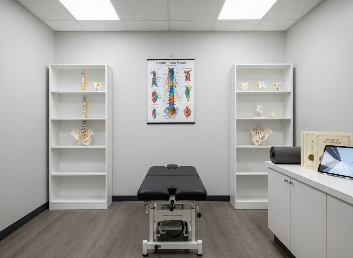 A meticulously organized chiropractic training workstation in photographic realism: a full-length treatment table centered under a wall-mounted, color-coded spinal chart and framed by symmetrical shelving with spine and pelvis models. On a side counter rests a neatly rolled dark-gray course mat, a stack of instructor credential folders, and a digital tablet displaying an anonymous, text-free interface. Cool, balanced overhead LED lighting brightens the space, creating crisp, controlled shadows and a clinical yet inviting atmosphere. Shot from a slightly elevated, wide-angle perspective with sharp focus throughout, the composition uses the rule of thirds to draw the eye from the table to the educational materials, effectively portraying an American-standard chiropractic classroom for manual therapy and spinal manipulation techniques.