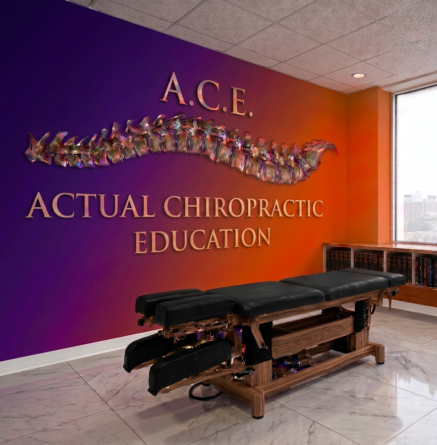 chiropractic course A modern chiropractic treatment table with articulated headrest and segmented, cushioned sections in navy blue vinyl, positioned centrally in a spotless teaching clinic. Around it, wall-mounted spine models, laminated vertebrae diagrams, and neatly stacked course manuals emphasize American chiropractic education. Soft, even overhead clinical lighting combines with indirect daylight from a frosted window, creating a bright yet calm environment with minimal shadows. Photographic realism at eye level, with a slightly wide-angle lens showing the full room in sharp focus. The composition follows a clean, professional aesthetic, conveying precision, safety, and structured learning in manual spinal therapy, suitable as a universal hero image for a chiropractic course site.