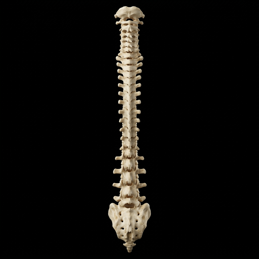Full human spine from cervical vertebrae to sacrum against black background