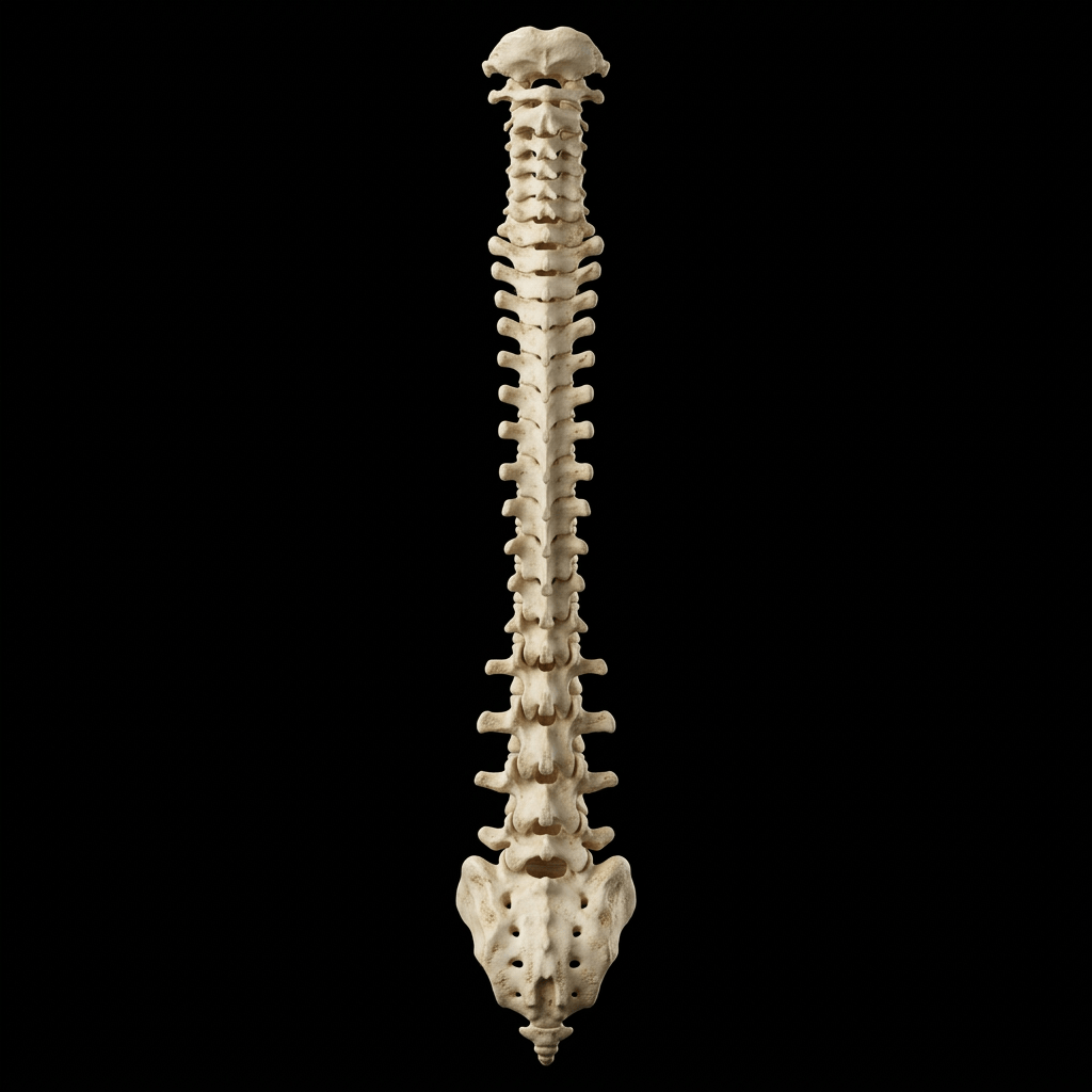 Full human spine from cervical vertebrae to sacrum against black background